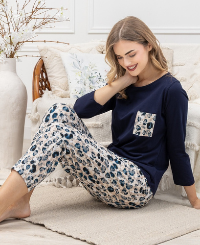 Piżama damska Leveza Wiktoria 1664 – bawełniana, granatowa, długi rękaw