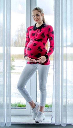 012 Bluzka ciążowa Polo długi rękaw  MIRACLE-  bordowa- czarne kwiaty