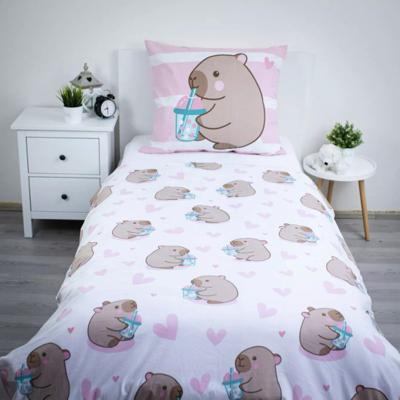 Pościel Bawełniana 140x200 Kapibara Różowa 70x90 Jerry Fabrics