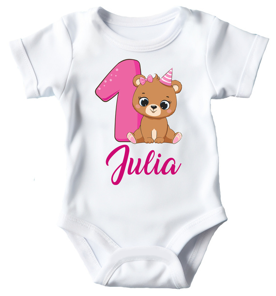 "1 urodziny ROCZEK różowa jedynka" Moocha Body krótki rękaw biały