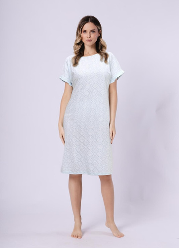 Koszula nocna damska 1730 Clea Leveza miętowa | 100% bawełna | Orientalny print, krótki rękaw z falbanką, długość przed kolanoć przed kolano     Skład: 100% bawełna