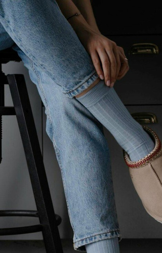 ART.130 Natural Merino Wool Skarpety damskie Steven błękitne  –prążek, bezszwowe, ciepłe