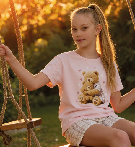 Piżama dziewczęca Hug Me 871/115 872/115 Cornette – bawełniana, misie, spodenki w kratkę