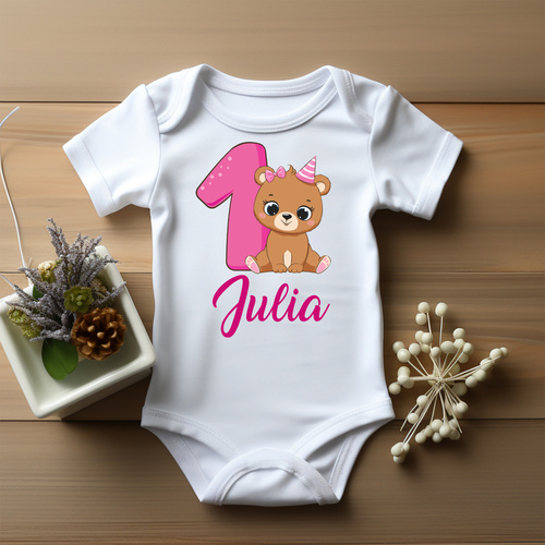 "1 urodziny ROCZEK różowa jedynka" Moocha Body krótki rękaw biały