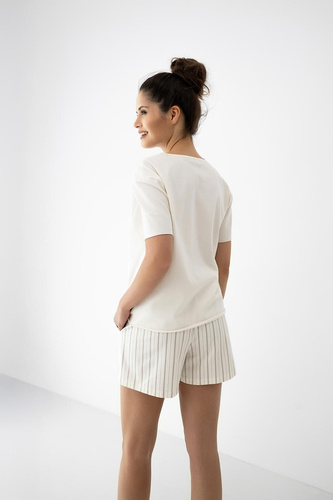 Piżama damska Jemma Sensis ecru/beż, bawełna, krótki rękaw, paski