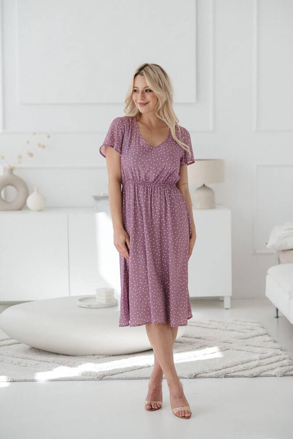 Lovely Dress Midi Milk&Love sukienka ciążowa i do karmienia lilowy róż w groszki