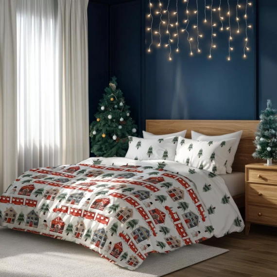 Scandic 075 Pościel świąteczna Scandic Faro biała z motywem świątecznych domków– dwustronna bawełna 100%, zamek