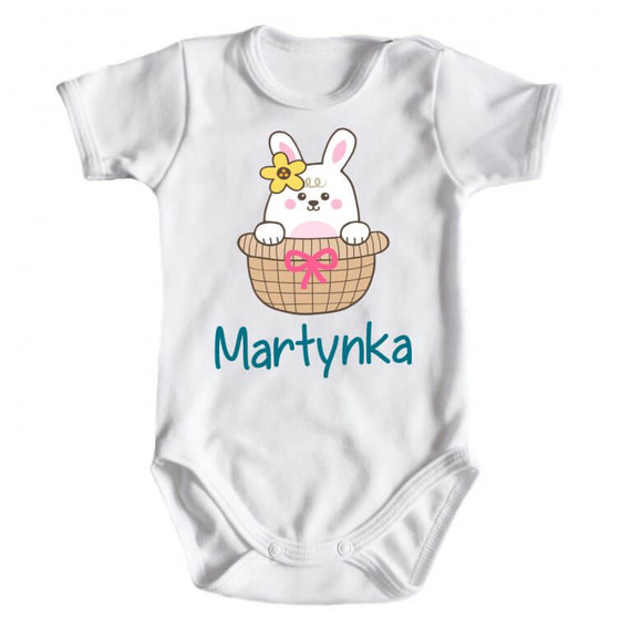 "Wielkanoc – Zajączek w koszyczku z imieniem" Moocha body krótki rękaw biały