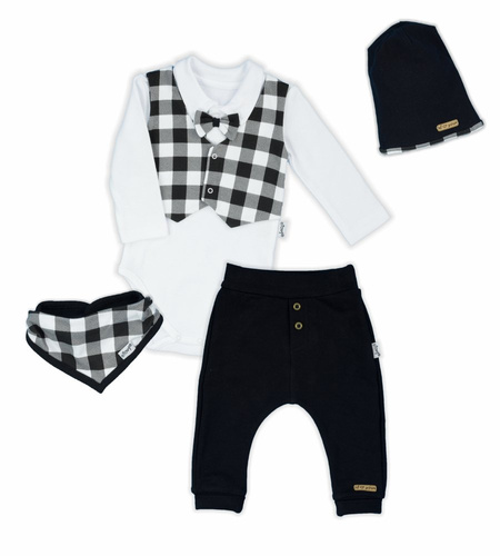 Komplet 163353 "Bunny Kratka" czapka, apaszka, body i spodnie Nicol - czarny/biały