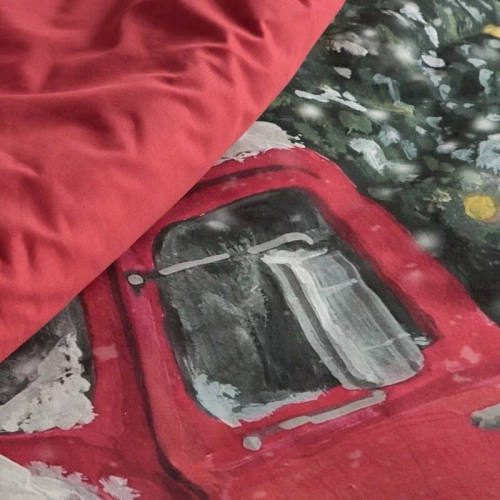 Vinti Pościel świąteczna Eurofirany – czerwona kratka z motywem samochodu, 100% bawełna