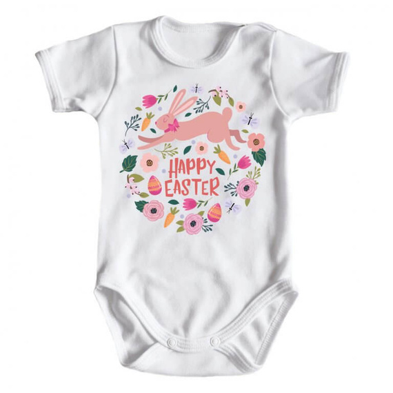 "HAPPY EASTER z zajączkiem" Moocha body krótki rękaw biały