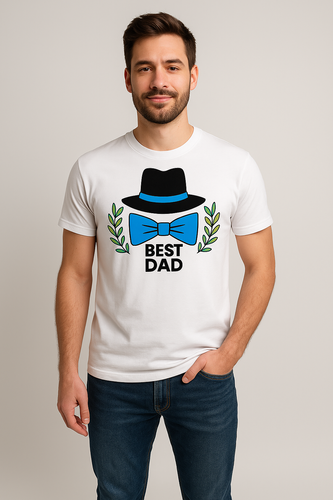 "Best dad z kapeluszem i muszką" Moocha koszulka męska biały