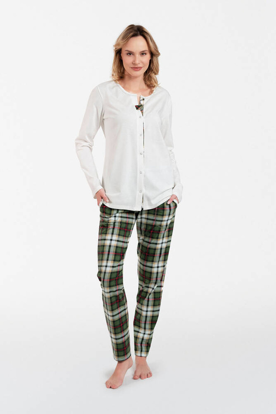 Asama Rozpinana Piżama Damska długi rękaw, długie spodnie Italian Fashion - ecru/druk