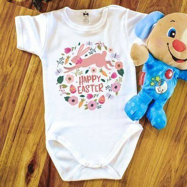 "HAPPY EASTER z zajączkiem" Moocha body krótki rękaw biały