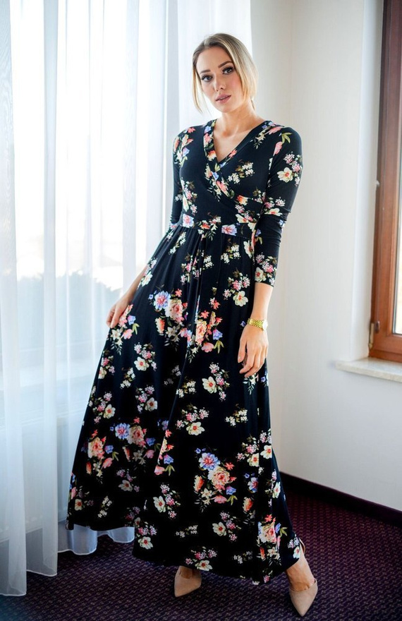 109 Wizytowa Sukienka z długim rękawem MIRACLE- granat w kwiaty