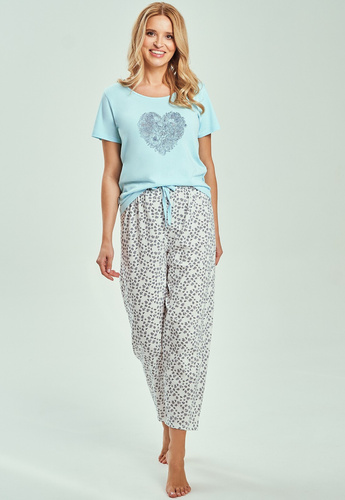 3513 Alessia Piżama damska turkusowa – 100% bawełna, koszulka z krótkim rękawem, spodnie 7/8 