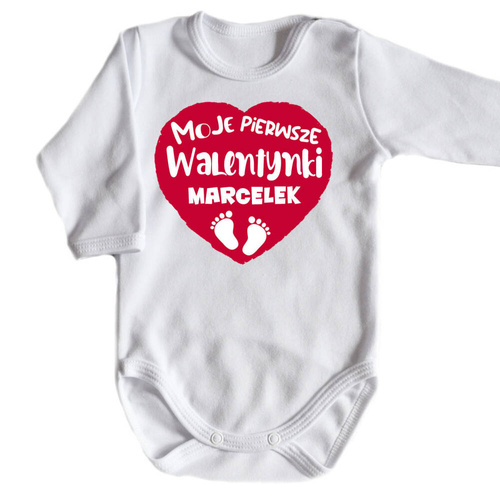 SKU N070 "Moje pierwsze Walentynki+ imię" Body długi rękaw Moocha biały