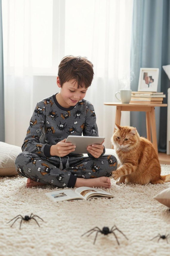 Piżama chłopięca Cornette Bat 2 264/182, 263/182  szara– bawełna, długi rękaw, wzór w nietoperze