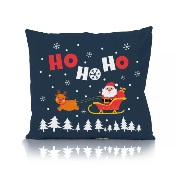 Poszewka świąteczna dekoracyjna Holly Jolly Faro – mikrofibra, granatowa z Mikołajem i reniferem