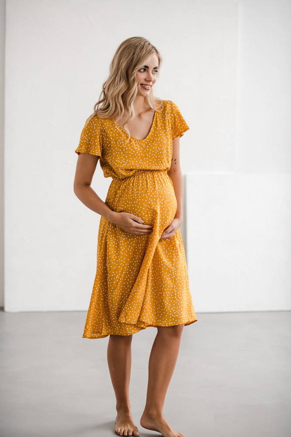 Lovely Dress Midi Milk&Love sukienka ciążowa i do karmienia musztardowy w groszki