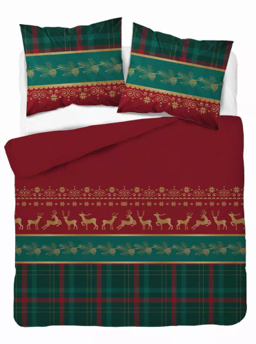 5620 B Magia Świąt Pościel flanelowa świąteczna Detexpol czerwona z reniferami i kratą– bawełna 100%, 160 g/m², zamek, OEKO-TEX®