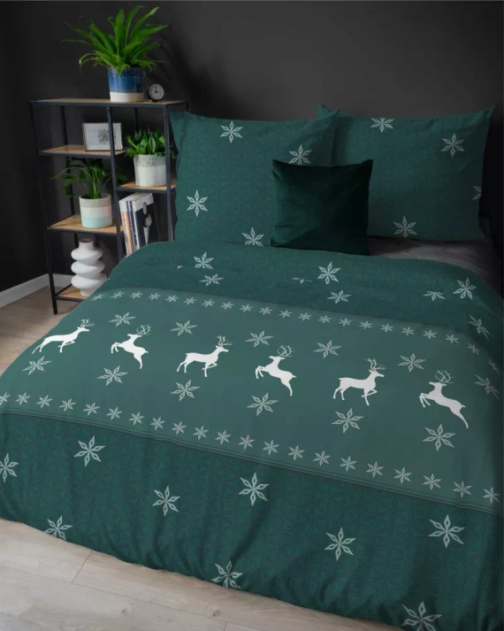 5621 B Magia Świąt Pościel flanelowa świąteczna Detexpol zielona w renifery i śnieżynki– bawełna 100%, 160 g/m², zamek, OEKO-TEX®