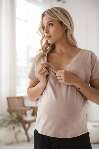 Two Ways Milk&Love bluzka ciążowa i do karmienia z krótkim rękawem beżowy