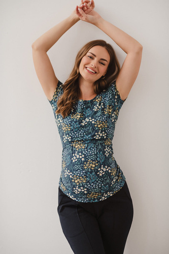 Milk Shirt Bluzka do karmienia i ciążowa z krótkim rękawem Milk&Love łąka na granatowym