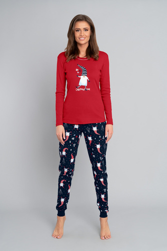 Skrzat Piżama Damska długi rękaw i długie spodnie talian Fashion- czerwony/druk