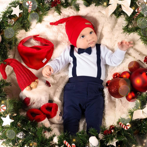 Komplet 163023 "Magia Świąt" czapka, apaszka, body i spodnie Nicol - granatowy