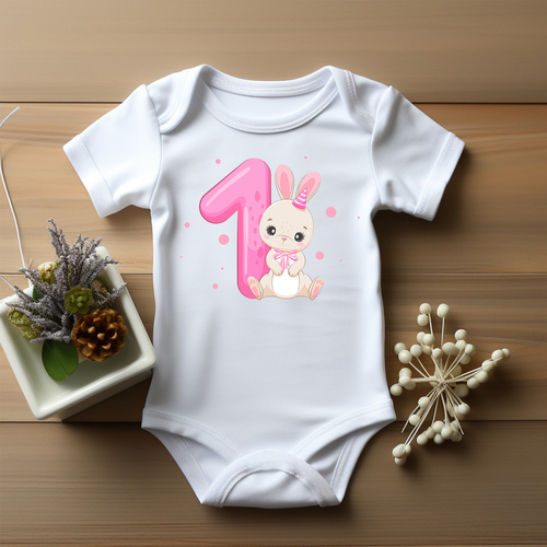 "ROCZEK dla dziewczynki, króliczek jedynka" Moocha Body krótki rękaw biały