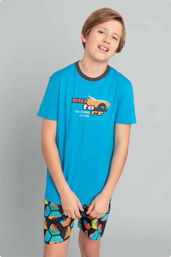 Piżama chłopięca krótki rękaw, spodnie Italian Fashion Komiks - turkusowy/druk