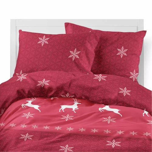 5621 A Magia Świąt Pościel flanelowa świąteczna Detexpol czerwona w renifery i śnieżynki– bawełna 100%, 160 g/m², zamek, OEKO-TEX®