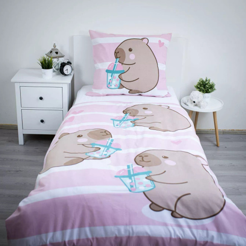Pościel Bawełniana 140x200 Kapibara Różowa 70x90 Jerry Fabrics