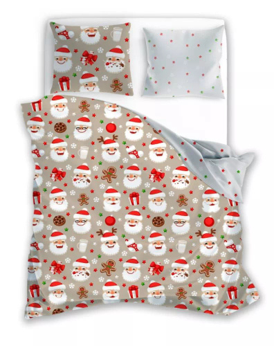 Holly Jolly 001 Pościel świąteczna Faro beżowa biała mikołaje– satynowa mikrofibra, komplet z zamkiem błyskawicznym