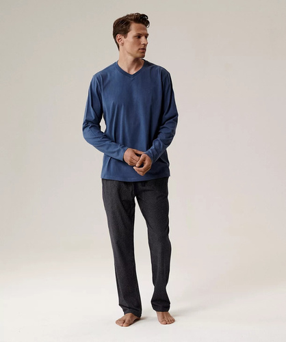 Piżama męska NMP-389 Atlantic –niebieski bawełna, długi rękaw, stylowy komplet na chłodne noce