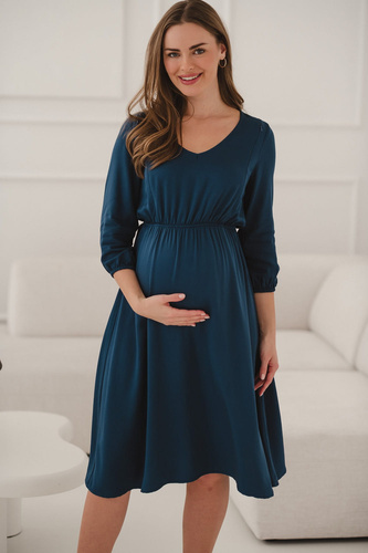 Lovely Dress Midi Sukienka ciążowa i do karmienia Milk&Love– granatowa, wiskoza 100%, rękaw 3/4 | Styl i wygoda