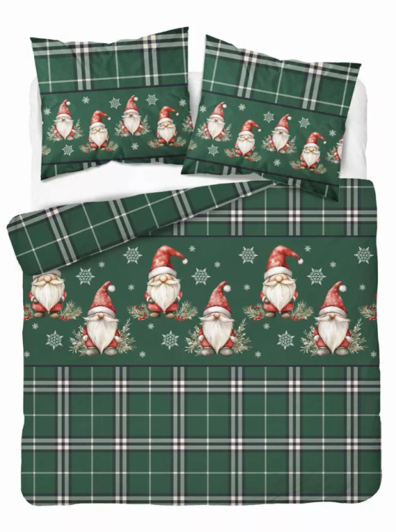 5622 B Magia Świąt Pościel flanelowa świąteczna Detexpol zielona w kratę ze skrzatami i śnieżynkami – bawełna 100%, 160 g/m², zamek, OEKO-TEX®