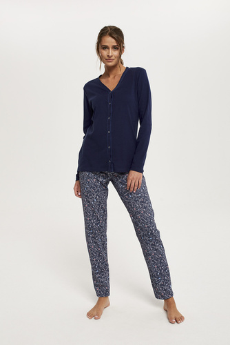 Sajna Piżama Damska długi rękaw, długie spodnie Italian Fashion - granat/druk