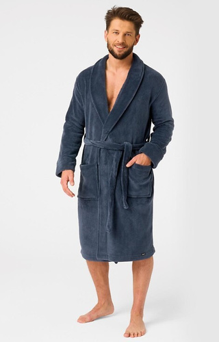 MGL 255 B25 Szlafrok męski granatowy – klasyczny, miękki, wiązany w pasie