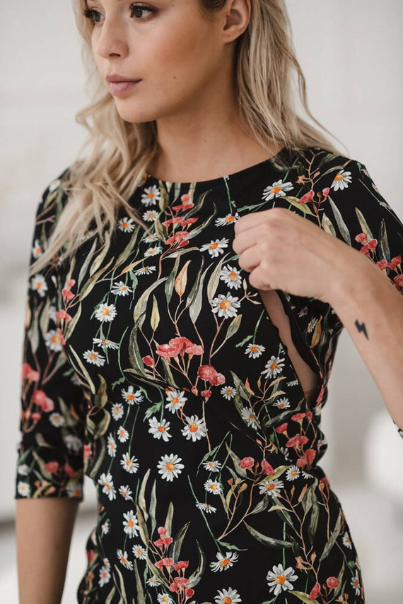 Milky Classic Sukienka do karmienia Milk&Love rękaw 3/4 czarna w rumianki