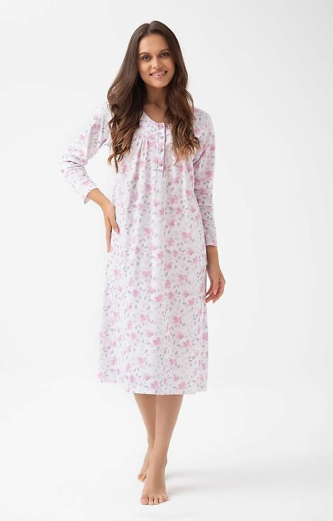 338 Koszula nocna Luna różowa – bawełniana w roślinny wzór, długa z guzikami