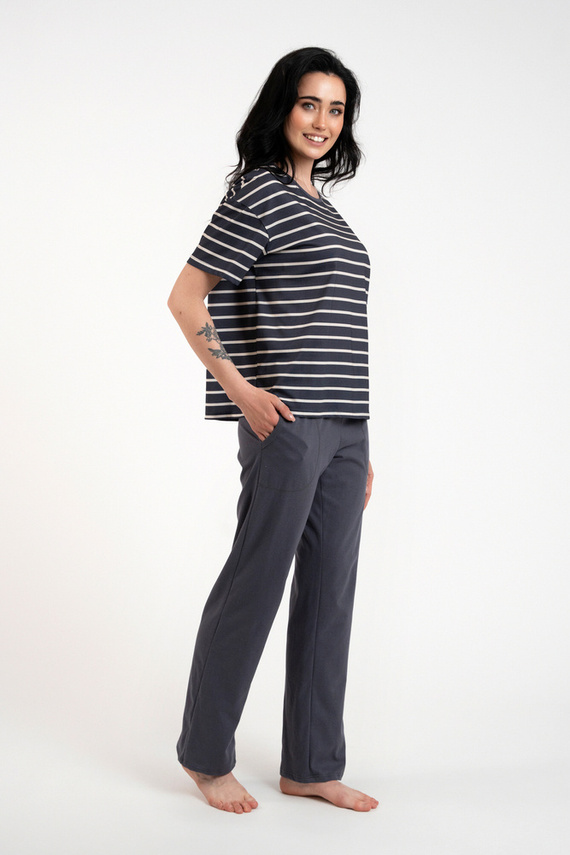 Betty Piżama Damska krótki rękaw, długie spodnie Italian Fashion - druk grafitowy/grafitowy