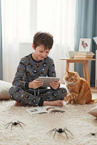 Piżama chłopięca Cornette Bat 2 264/182, 263/182  szara– bawełna, długi rękaw, wzór w nietoperze