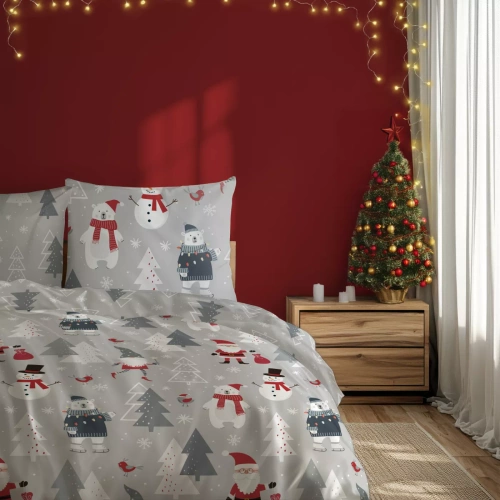 Scandic 079 Pościel świąteczna Scandic Faro szara z Mikołajami– dwustronna bawełna 100%, zamek