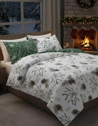 Scandic 083 Pościel świąteczna Scandic Faro biała i zielona z szyszkami- dwustronna bawełna 100%, zamek