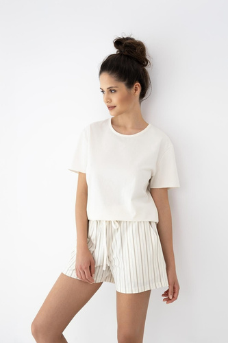 Piżama damska Jemma Sensis ecru/beż, bawełna, krótki rękaw, paski