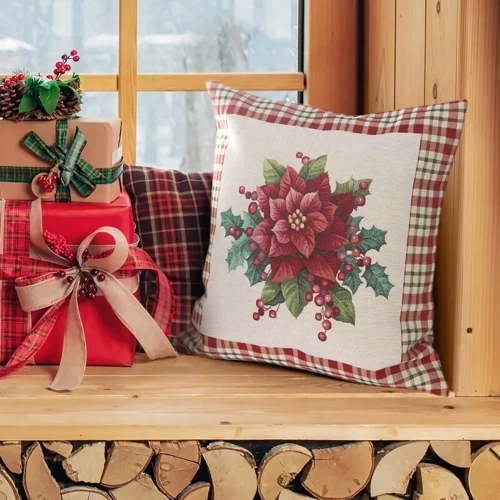 Chp 1273 Poszewka świąteczna gobelinowa kwiaty Eurofirany beżowy