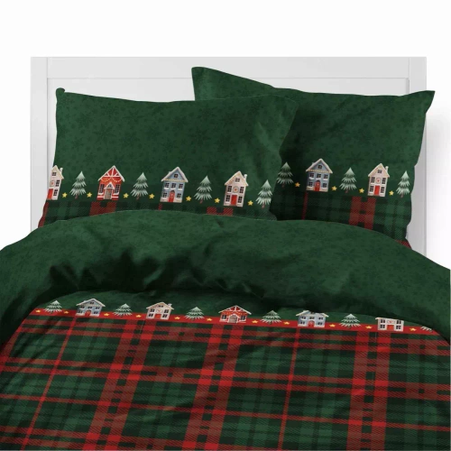 5619 B Magia Świąt Pościel flanelowa świąteczna Detexpol zielona w domki i kratę– bawełna 100%, 160 g/m², zamek, OEKO-TEX®