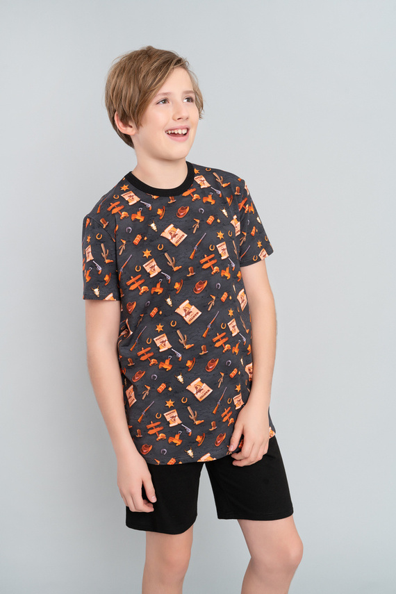 Piżama chłopięca krótki rękaw, spodnie Italian Fashion Western - grafit/czarny